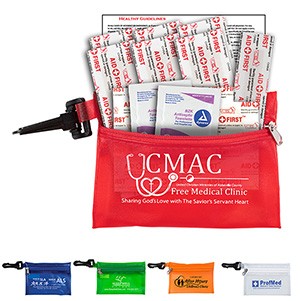 "Troutdale" 13 Piece First Aid Kit Components inserted into Translucent Zipper Pouch